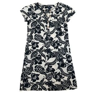 GAP Women Floral Print‎ Linen Short Sleeve Button Front Dress black white stamp